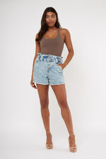Load image into Gallery viewer, Exposed Button Fly Paperbag Waist Hi Rise Denim Short
