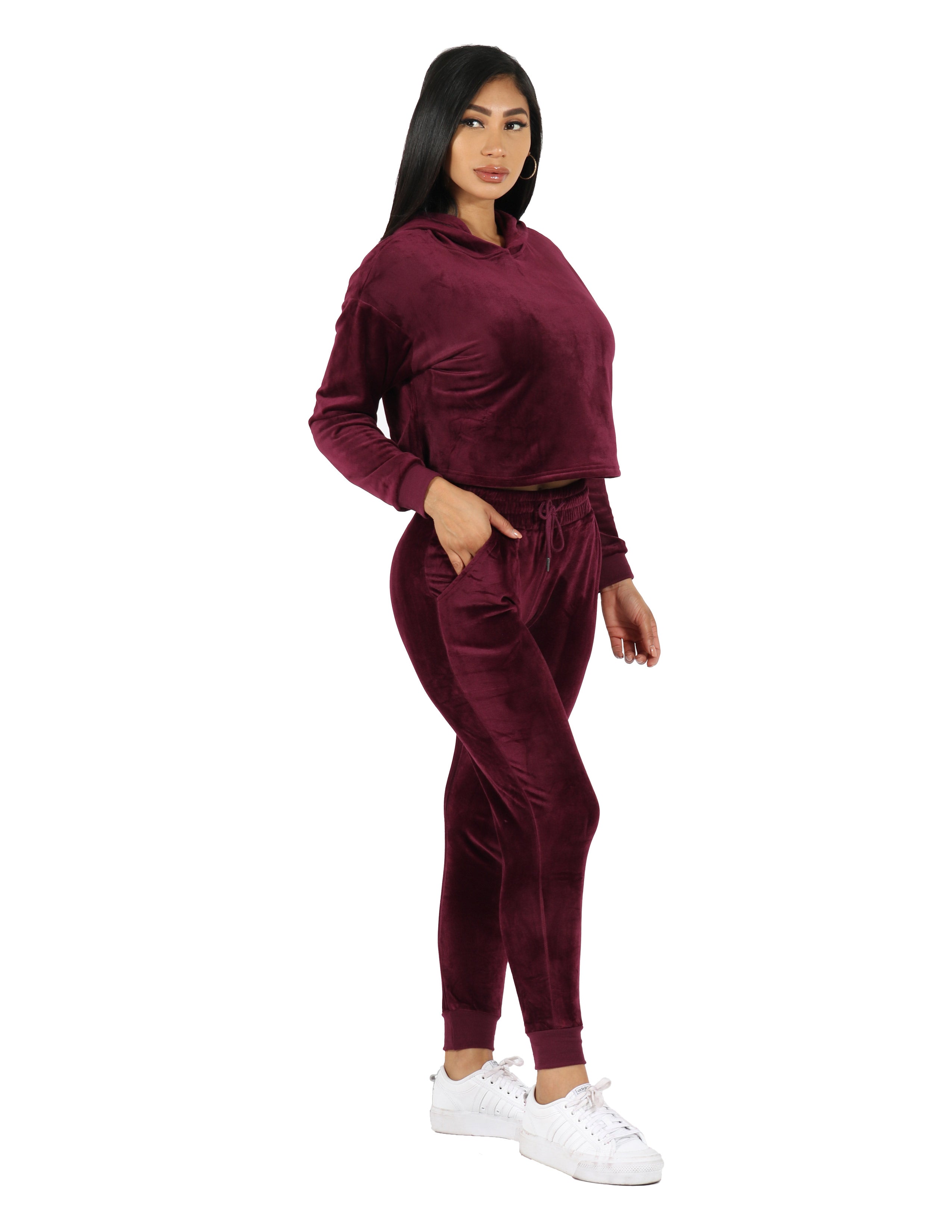 Velour Active Set Hoodie Crop Top and Jogger