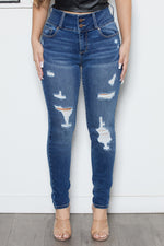 Load image into Gallery viewer, Gen Double Button Dark Wash Destructed Skinny Jean
