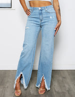 Load image into Gallery viewer, High Rise Wide Leg with Chew Hem Denim Pants
