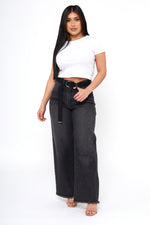 Load image into Gallery viewer, Denim Skater Jeans with Pleats, Raw Hem and Skater Belt
